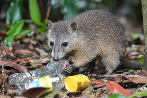 Forest animals cautiously navigating around plastic bottles their habitat invaded by waste. photo