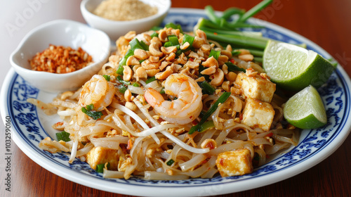 A colorful plate of Pad Thai garnished with lime wedges, peanuts, and shrimp, accompanied by chili flakes and crushed peanuts on the side.