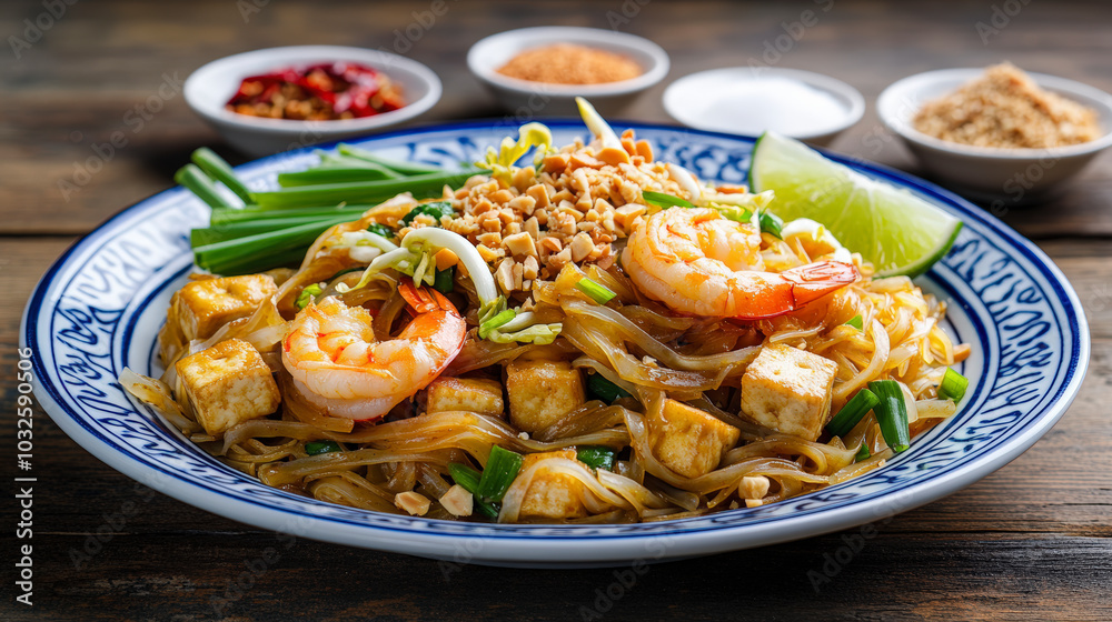 A plate of delicious Pad Thai topped with shrimp, tofu, green onions, and crushed peanuts, garnished with lime, ready to be enjoyed. A plate of delicious Pad Thai topped with shrimp, tofu, green onions, and crushed peanuts, garnished with lime, ready to be enjoyed.