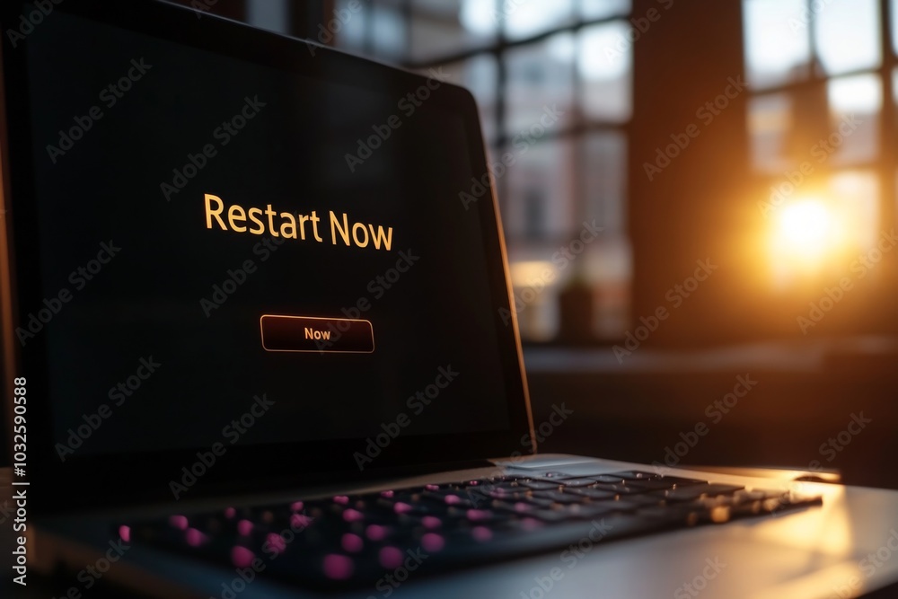 Digital Restart: Illuminated Window in Warm Sunlight Atmosphere