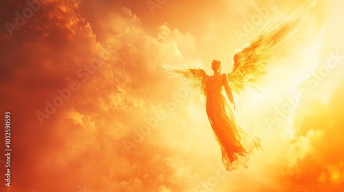 A radiant angel with wings stands amidst vibrant clouds, symbolizing hope and divinity.