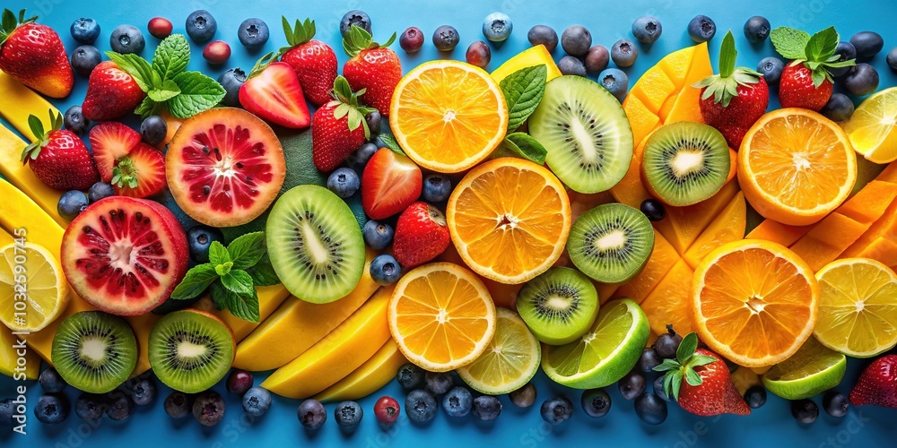 Vibrant Sliced Fruits on Colorful Background - Close-up View