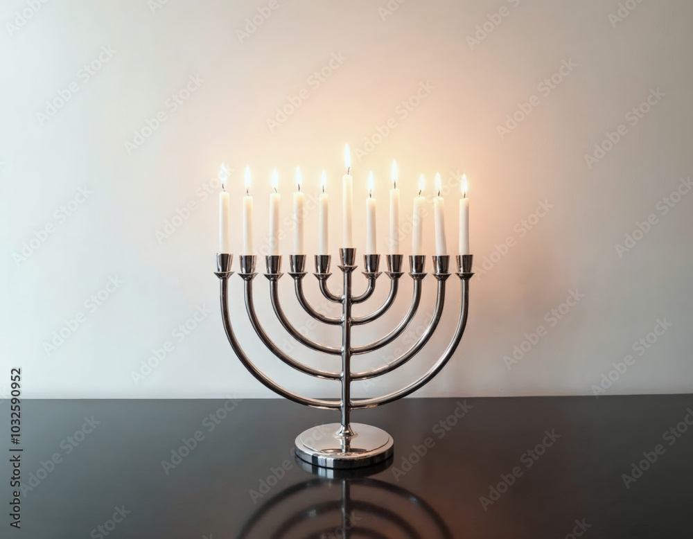 a silver menorah with candles lit up on it on a black reflective and glosy surface a silver menorah with candles lit up on it on a black reflective and glosy surface