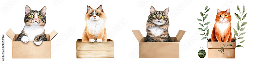 Four adorable cats sitting in cardboard boxes against a dark background, showcasing their unique personalities and breeds. Four adorable cats sitting in cardboard boxes against a dark background, showcasing their unique personalities and breeds.