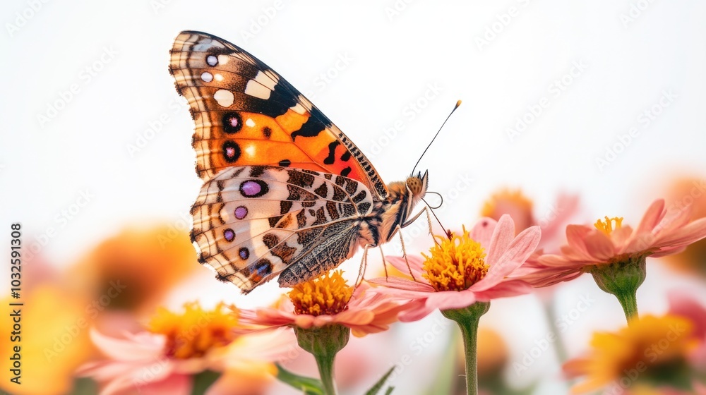 Naklejka premium Vibrant butterfly perched on colorful flowers
