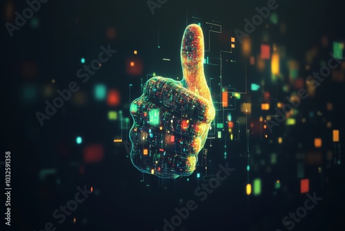 Digital Thumb Up in Vibrant Pixel Art Futuristic Style