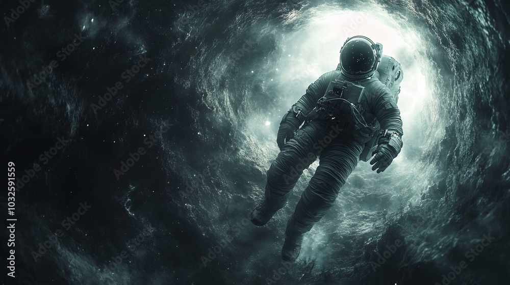 Fototapeta premium Astronaut Confronts Cosmic Abyss Near Swirling Black Hole