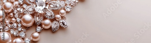 Elegant arrangement of pearls and diamonds on soft background