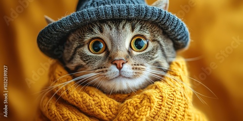 Portrait of a dressed up funny cat in a yellow knitted hat and scarf is looking up. An autumn cat in a cozy atmosphere