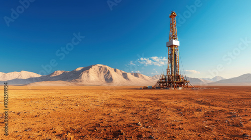 drilling rig operating in remote desert landscape, surrounded by mountains and clear blue skies, showcases vastness and arid beauty of environment