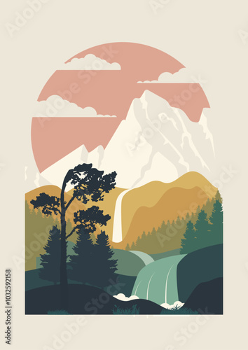 View on autumn mountains with cloudscape poster print. Aesthetic minimalist wild river in the forest