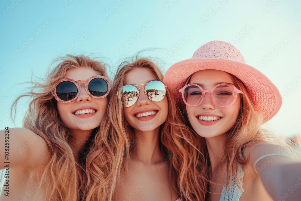 Three friends enjoying a sunny beach day with smiles Three friends enjoying a sunny beach day with smiles