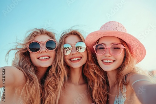 Three friends enjoying a sunny beach day with smiles