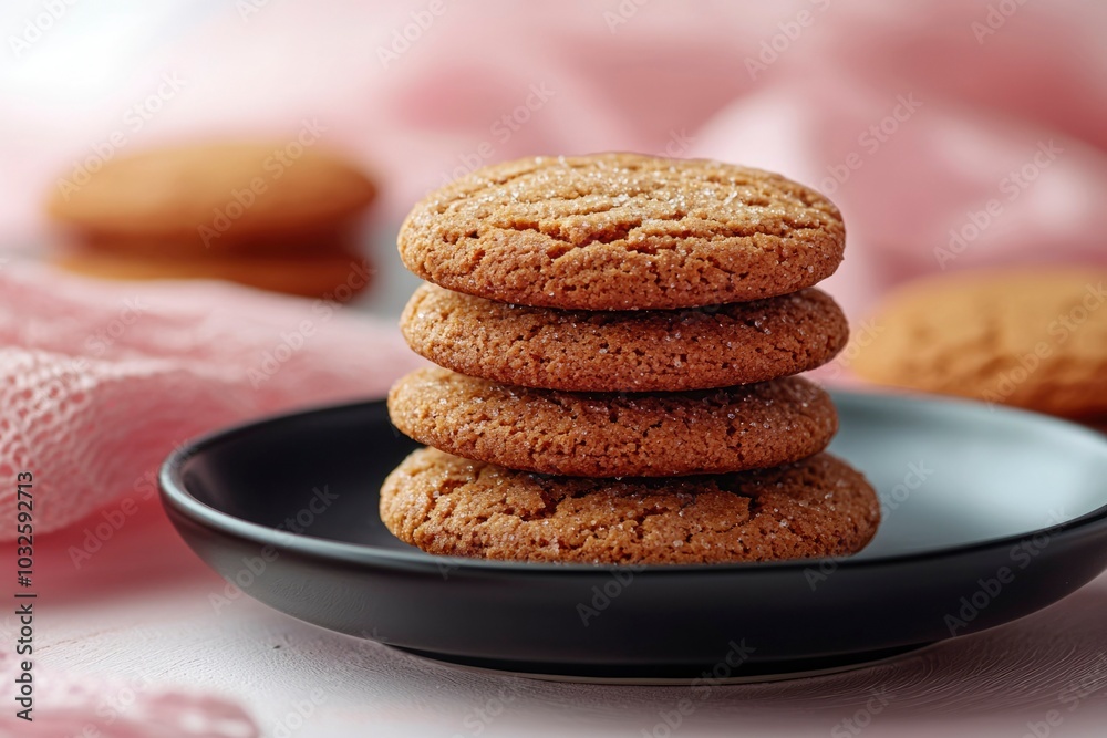 Stack of Four Brown Sugar Cookies on Black Plate Stack of Four Brown Sugar Cookies on Black Plate