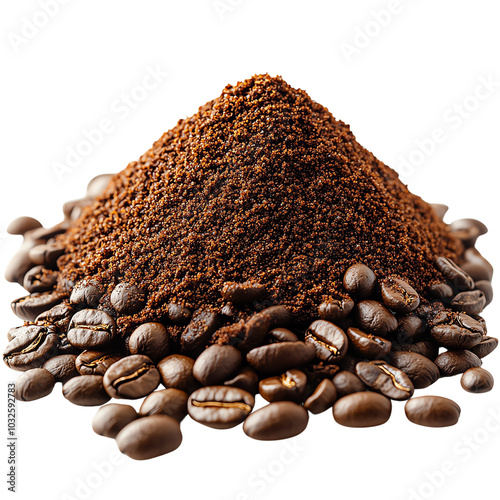 Fresh ground coffee piled high with whole beans, showcasing rich texture and aroma, perfect for coffee lovers.