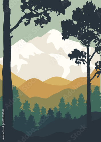 Parkland forest panoramic autumn poster. Yellowstone landscape aesthetic flat illustration