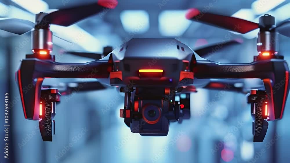 Black drone with red accents hovering in mid air with a blurred background. Black drone with red accents hovering in mid air with a blurred background.