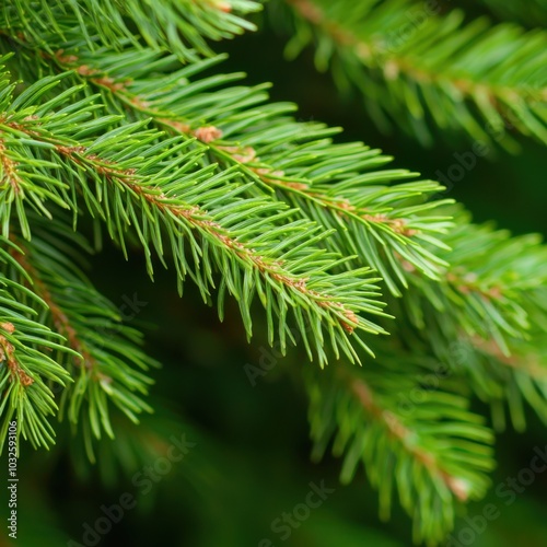 Close-up of green evergreen tree branches against a blurred background.