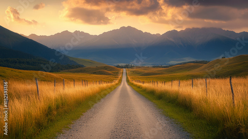 A long, winding road leads through golden fields toward distant mountains under a dramatic sky at sunset, creating a serene and picturesque landscape.