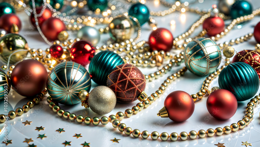 Christmas tree decorations and gold beads on white background, Christmas, New Year Christmas tree decorations and gold beads on white background, Christmas, New Year