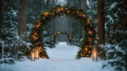 Winter wedding archway adorned with pinecones and greenery in a snowy forest ...