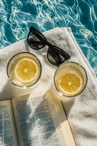 Relaxing by the pool with refreshing lemonade, a book, and stylish sunglasses...