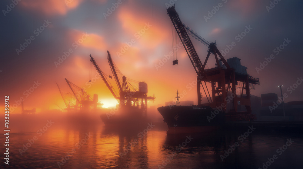 Industrial port at sunrise with cranes in foggy atmosphere Industrial port at sunrise with cranes in foggy atmosphere