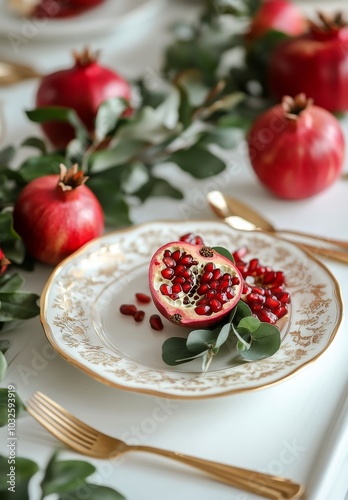 Elegant table setting with pomegranates and greenery for a festive gathering ...