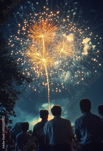 Spectacular fireworks illuminate the night sky over a gathering crowd during ...