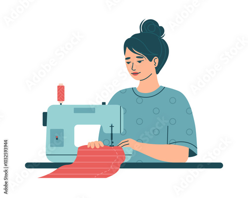 Young woman seamstress works on a sewing machine. Dressmaker, needlework, hobby. Tailoring clothes at the workplace. Needlecraft. Isolated vector illustration