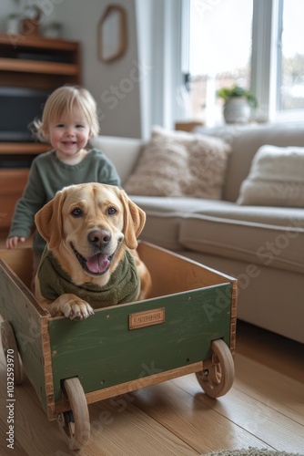 A joyful toddler plays with dogs in a cozy living room filled with natural light