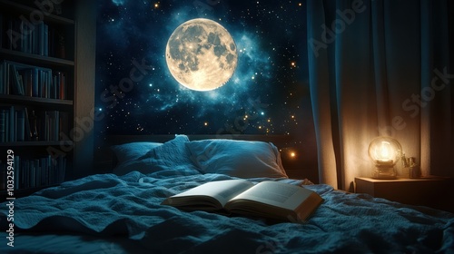 An open book lies on a bed with a full moon and stars visible th