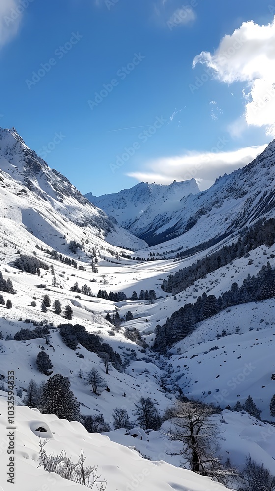 Panoramic view down snow covered valley in alpine mountain range Panoramic view down snow covered valley in alpine mountain range