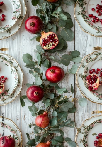 Elegant table setting with pomegranates and greenery for a festive gathering ...