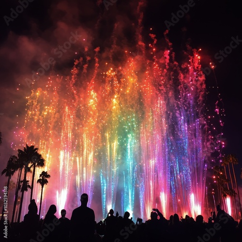Spectacular colorful fireworks light up the night sky over a lively festival ...