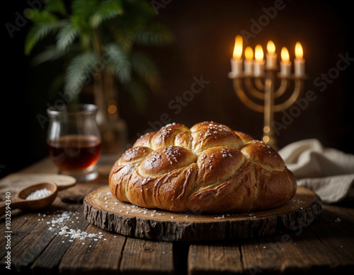 a freshly bake challah bread is on a wooden table with candles in menorah on the background photo