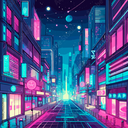 Futuristic Neon Cityscape at Night with Glowing Streets Representing Urban Technology