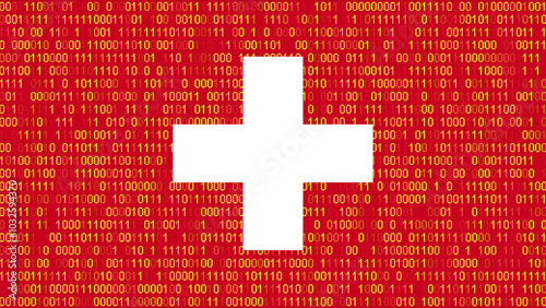 Binary code on flag of Switzerland. Program source code or Hacker concept on Swiss flag. Switzerland digital technology security, hacking or programming