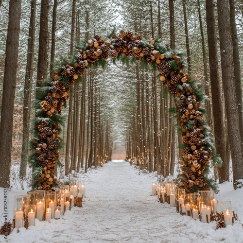 Beautiful winter wedding arch decorated with pinecones and lanterns in a snow...