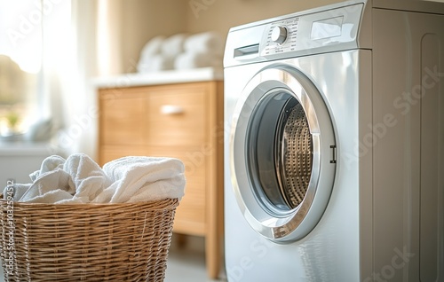 A spacious laundry room featuring a modern washing machine with a basket fill...