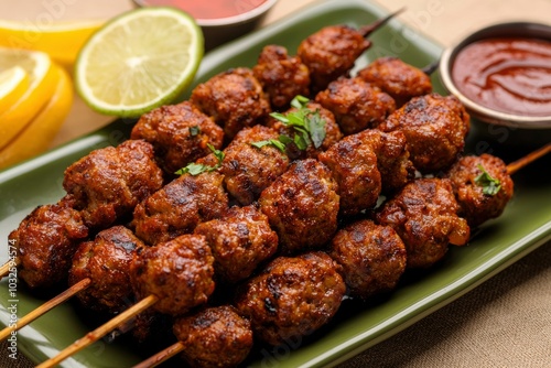 Grilled Meatballs on Skewers with a Side of Citrus and Sauce