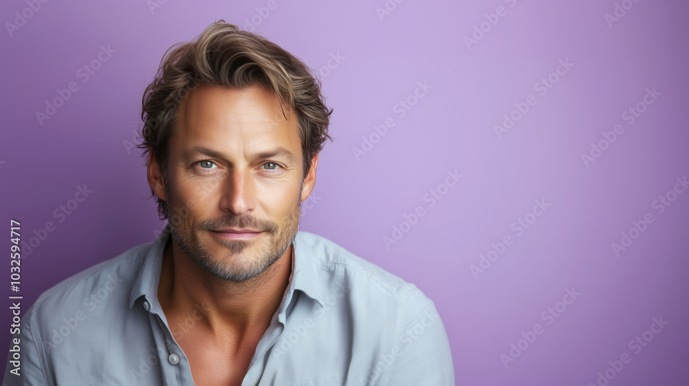 Fototapeta premium Confident man with a charming smile against a purple backdrop