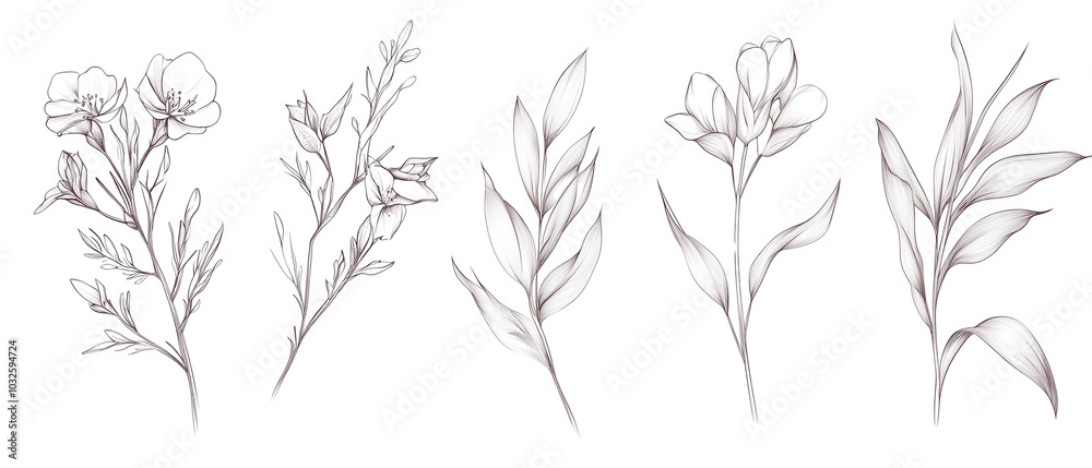 Naklejka premium A collection of hand-drawn floral designs featuring unique shapes and intricate details, perfect for various art projects.