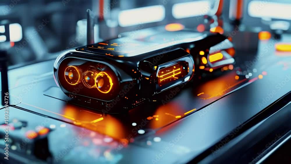 Close-up of a futuristic device with glowing lights on a black surface. Close-up of a futuristic device with glowing lights on a black surface.