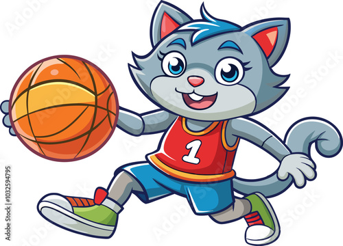 Funny cartoon cat playing basketball clipart vector