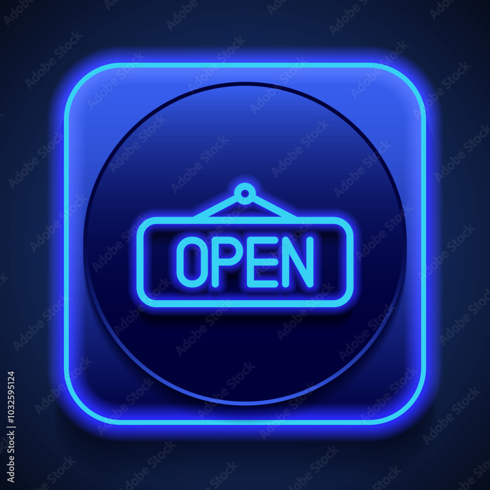 Open banner simple icon vector. Flat design. Blue neon style on button. With shadow
