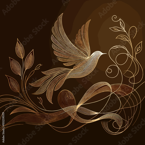 Golden Bird and Floral Elements in Elegant Line Art Style Representing Freedom and Growth