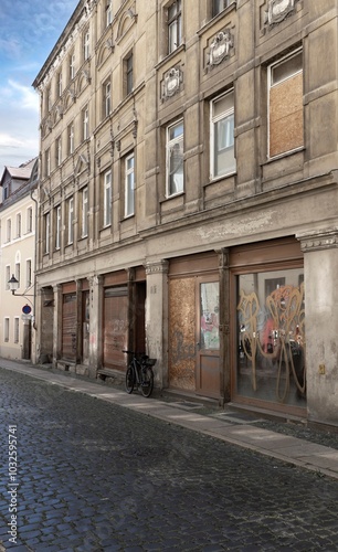 DDR style street. Abandoned houses. City of Gorlitz. East Germany. Saxonia.