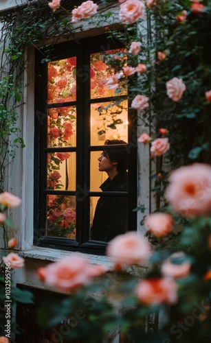 A woman walks past blooming pink roses near a charming doorway in a cozy gard...