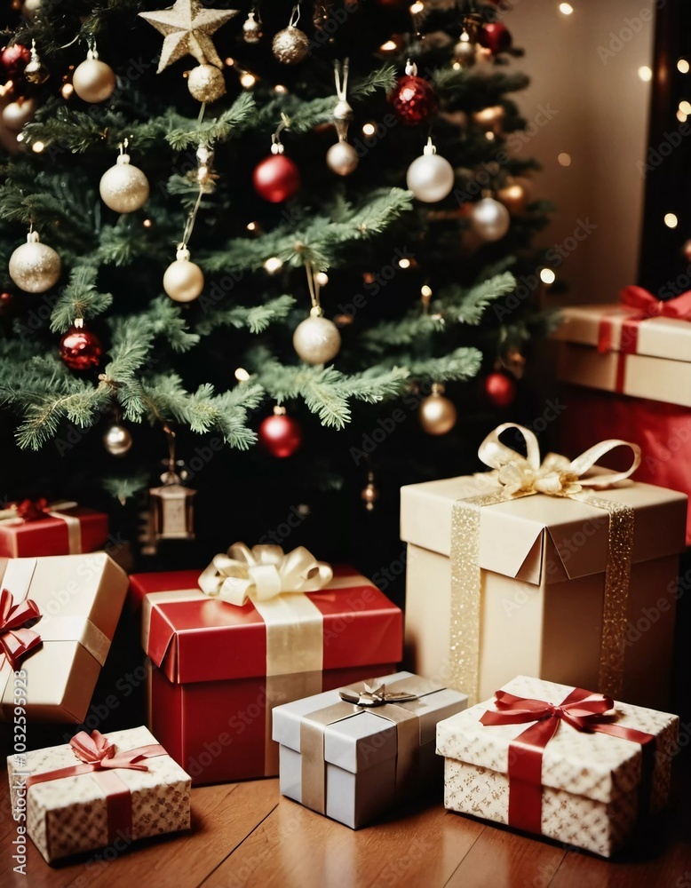 Festively wrapped gifts surrounded by colorful Christmas balls under a beautifully decorated spruce tree during the joyous New Year season. Generative AI